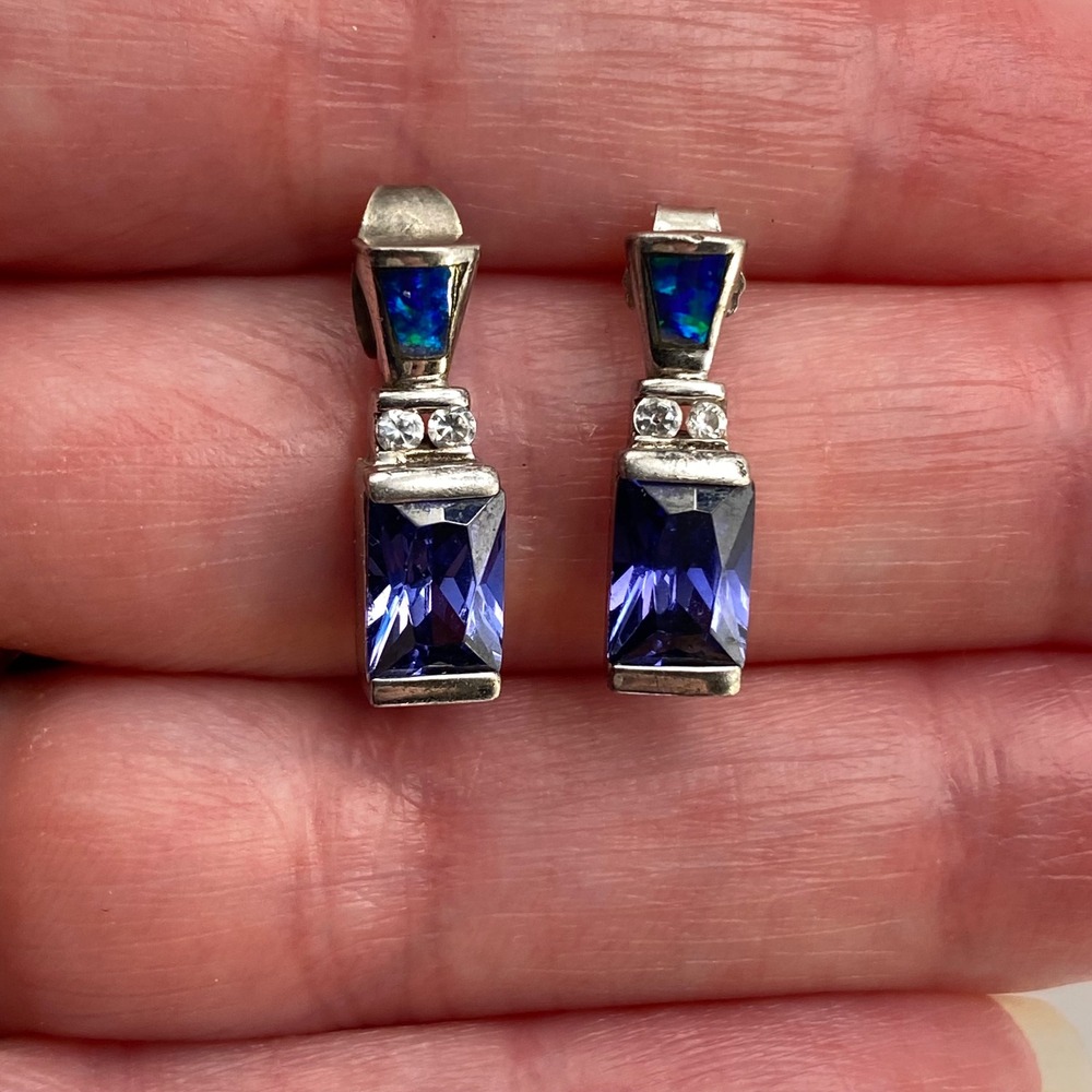 Vintage Earrings 925 Sterling Silver Art Deco Blue Tanzanite Opal Small Drop
